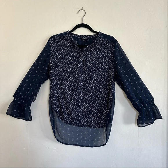 Lucky Brand Top Womens Size M Dark Blue Floral Boho Peasant Button Flowy Blouse - Picture 5 of 13